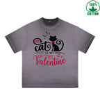 BOGGO  My Cat is My Valentine Printed Dirty Wash T-Shirt 230G Multicolor Loose Trendy Fashionable 100%Cotton Short Sleeve Top