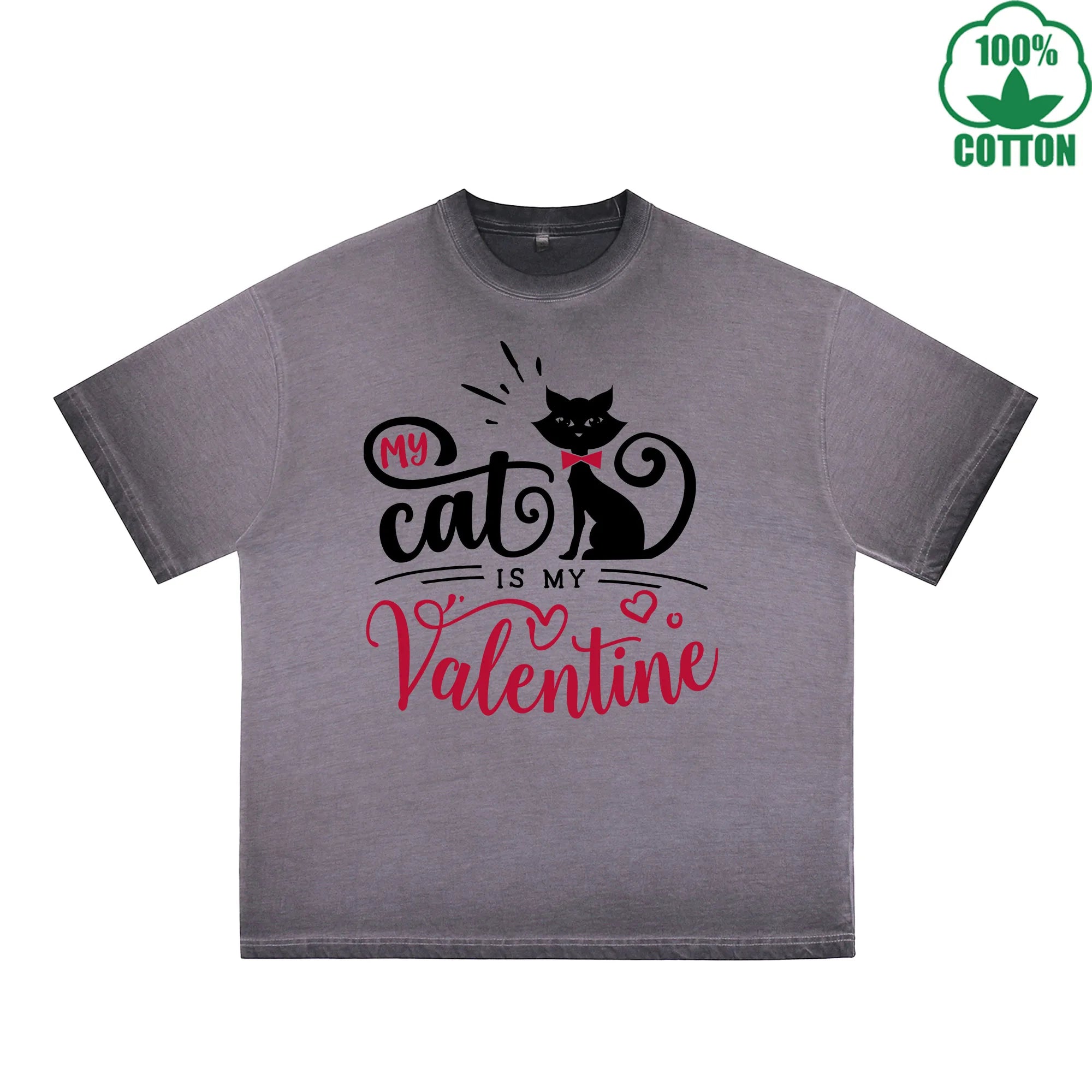 BOGGO  My Cat is My Valentine Printed Dirty Wash T-Shirt 230G Multicolor Loose Trendy Fashionable 100%Cotton Short Sleeve Top