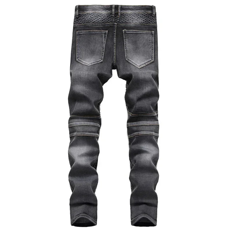 BOGGO Men's New Casual Motorcycle Jeans Hip Hop Street Riding Stretch Slim Fit Straight Pants Patchwork Fashion Denim Trousers Male