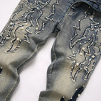 BOGGO Men's Pearl Boot Cut Denim Jeans Embroidery Patch Slim Flared Pants Casual Streetwear Vintage Blue Trousers