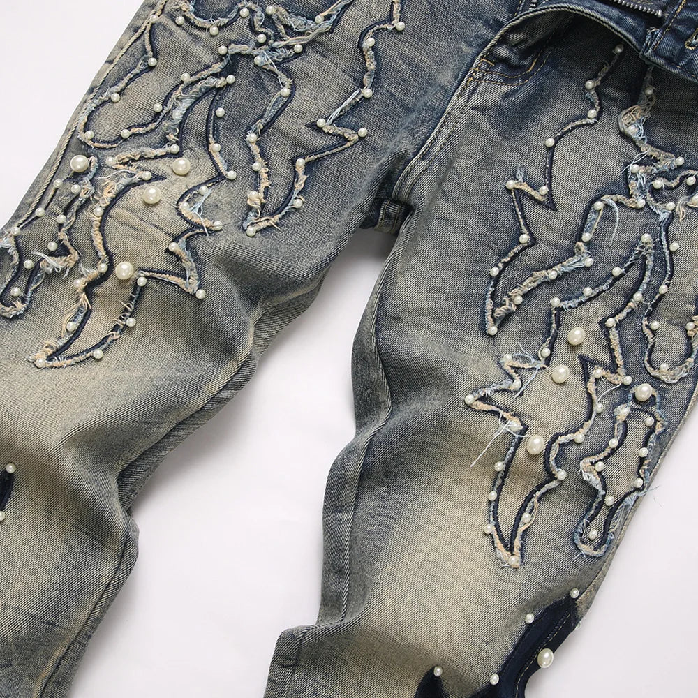 BOGGO Men's Pearl Boot Cut Denim Jeans Embroidery Patch Slim Flared Pants Casual Streetwear Vintage Blue Trousers