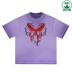 BOGGO  Blood Butterfly Printed Dirty WashT-Shirt 230G Multicolor Loose Trendy Fashionable 100%Cotton Short Sleeve Top