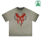 BOGGO  Blood Butterfly Printed Dirty WashT-Shirt 230G Multicolor Loose Trendy Fashionable 100%Cotton Short Sleeve Top
