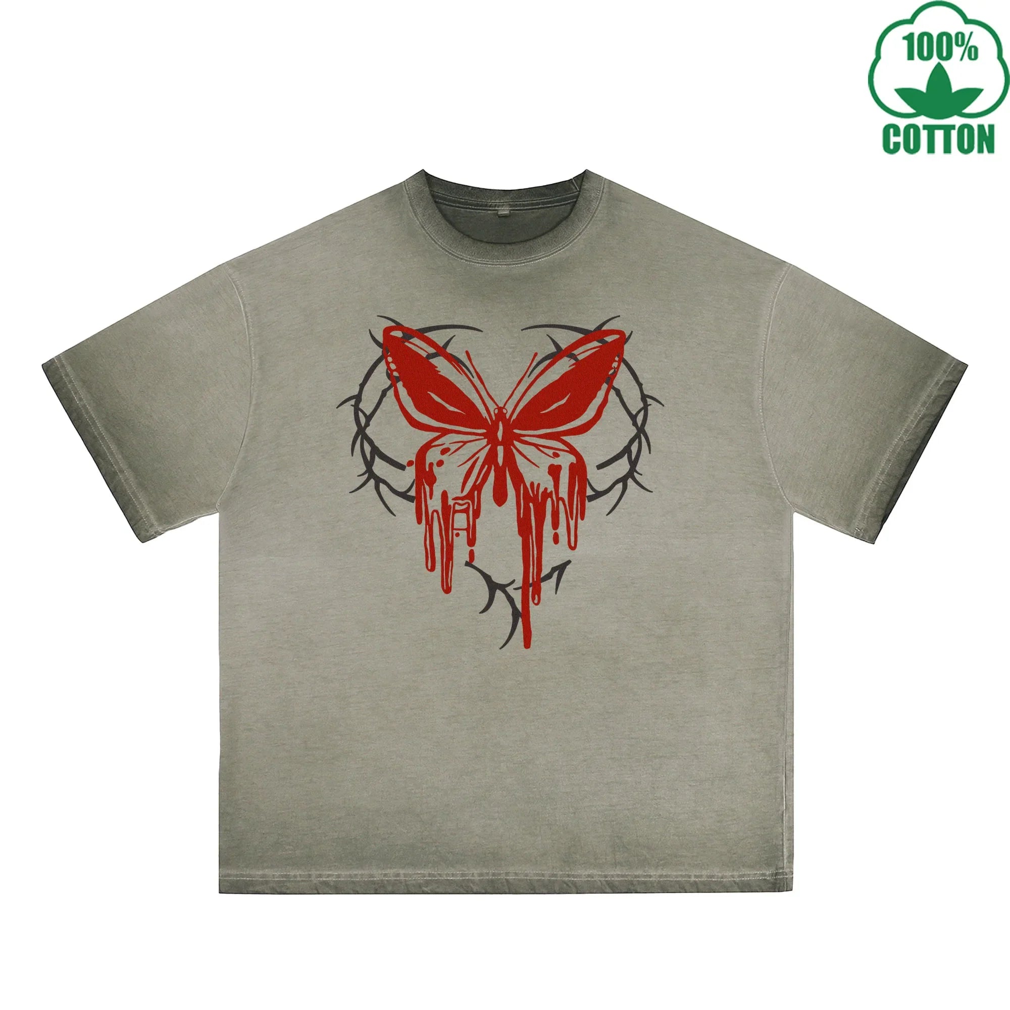 BOGGO  Blood Butterfly Printed Dirty WashT-Shirt 230G Multicolor Loose Trendy Fashionable 100%Cotton Short Sleeve Top