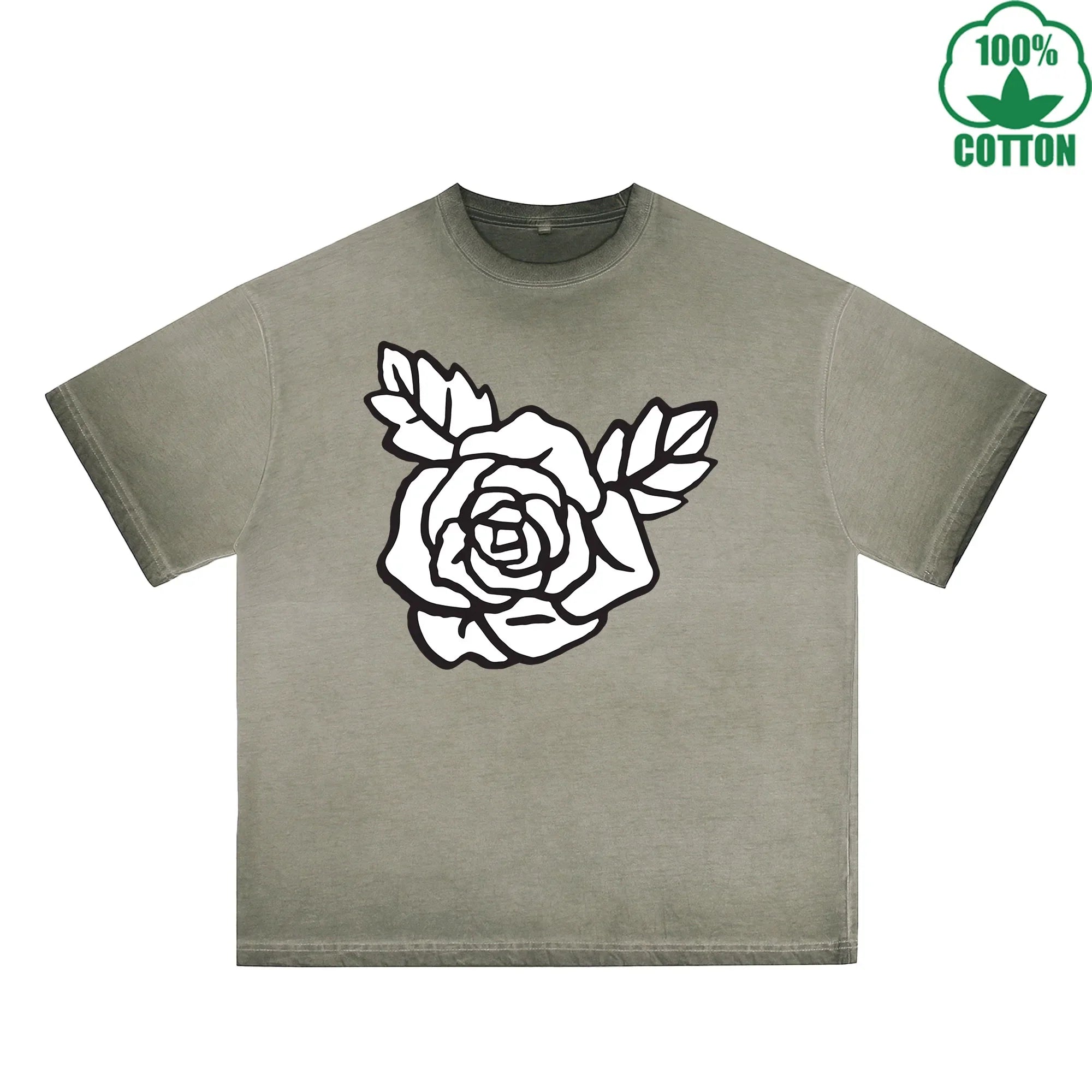 BOGGO  Rose Printed Dirty WashT-Shirt 230G Multicolor Loose Trendy Fashionable 100%Cotton Short Sleeve Top