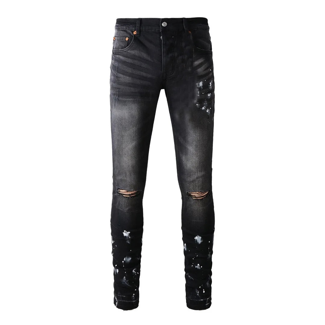 BOGGO High Street Men's Jeans American Distressed Dark Black Coated Blank Stretch Skinny Button Fly Ripped Pants Trousers