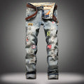 New Men's Hip Hop High Street Motorcycle Jeans Badge Distressed Ripped Denim Trousers Male Non-stretch Straight Slim Fit Jeans