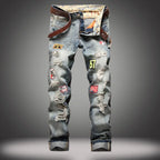New Men's Hip Hop High Street Motorcycle Jeans Badge Distressed Ripped Denim Trousers Male Non-stretch Straight Slim Fit Jeans