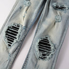BOGGO Men Leather Pleated Patches Biker Jeans Streetwear Skinny Tapered High Stretch Denim Pants Holes Ripped Distressed Trousers