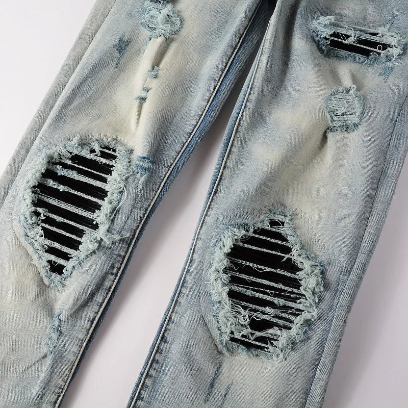 BOGGO Men Leather Pleated Patches Biker Jeans Streetwear Skinny Tapered High Stretch Denim Pants Holes Ripped Distressed Trousers