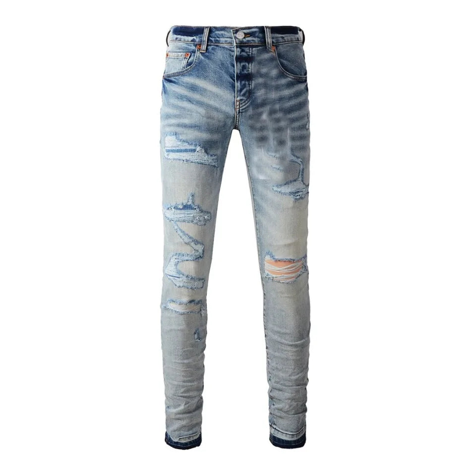 BOGGO High Street Men's Jeans American Distressed Dark Black Coated Blank Stretch Skinny Button Fly Ripped Pants Trousers