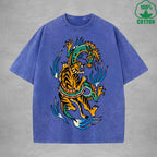 BOGGO  Dragon And TigerInterest Printed Washed T-Shirt 230G Multicolor Loose Trendy Fashionable 100%Cotton Short Sleeve Top