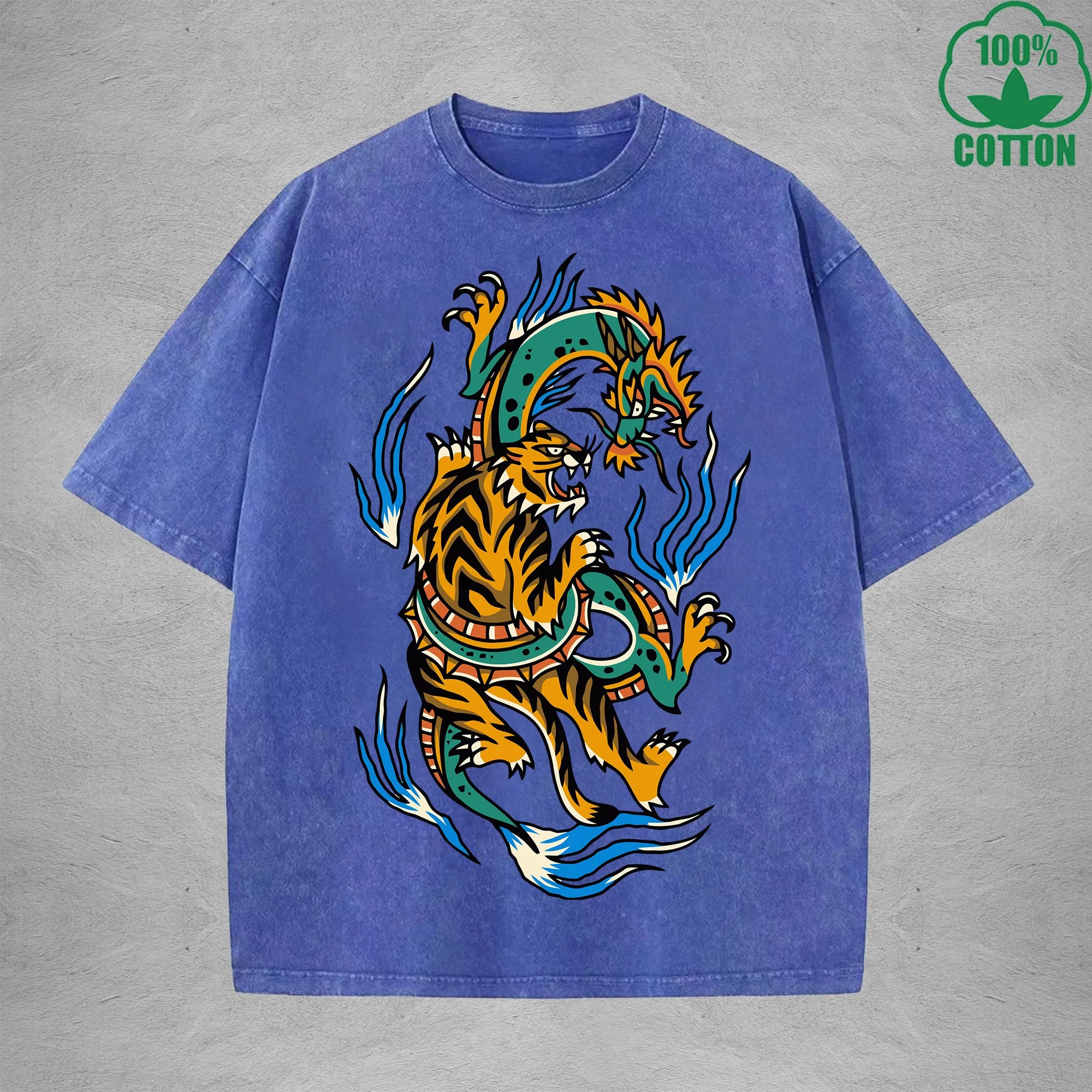 BOGGO  Dragon And TigerInterest Printed Washed T-Shirt 230G Multicolor Loose Trendy Fashionable 100%Cotton Short Sleeve Top