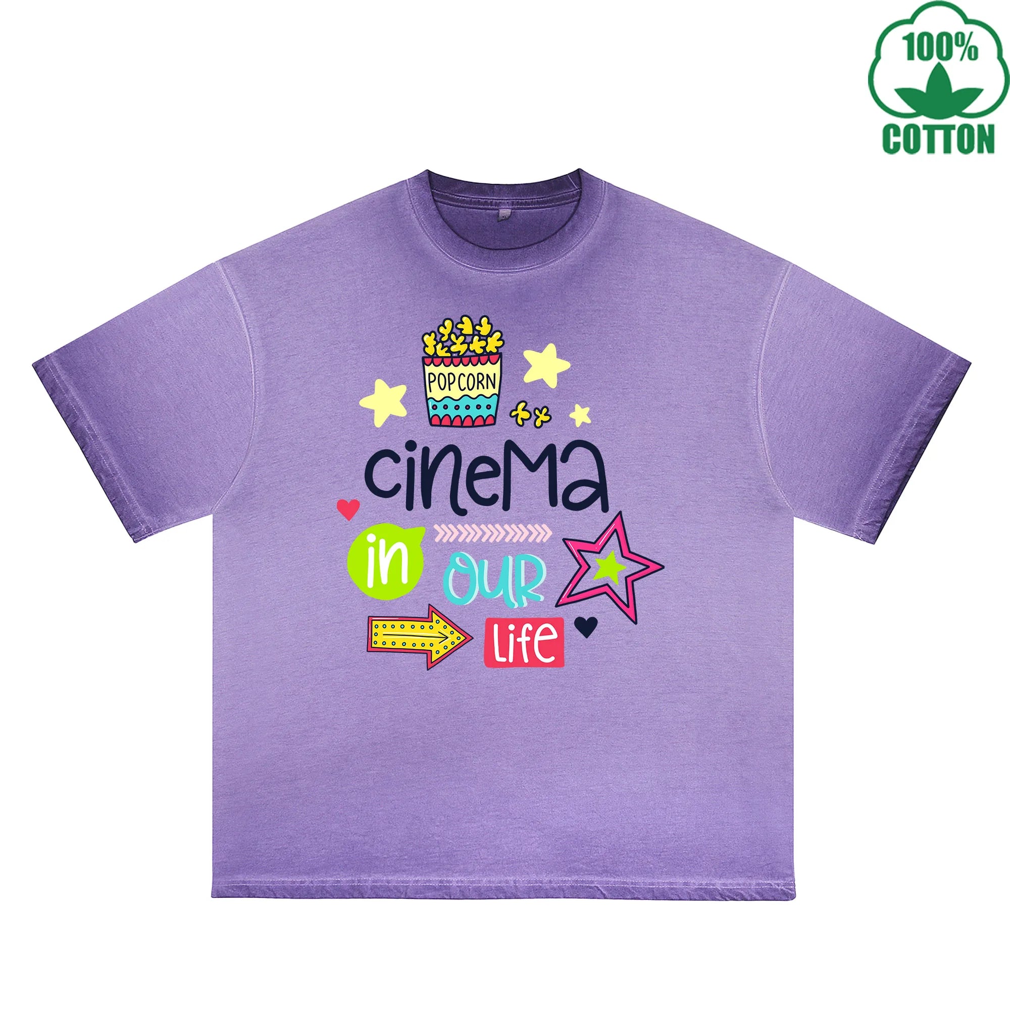 BOGGO  Cinema In Our Life Printed Dirty WashT-Shirt 230G Multicolor Loose Trendy Fashionable 100%Cotton Short Sleeve Top