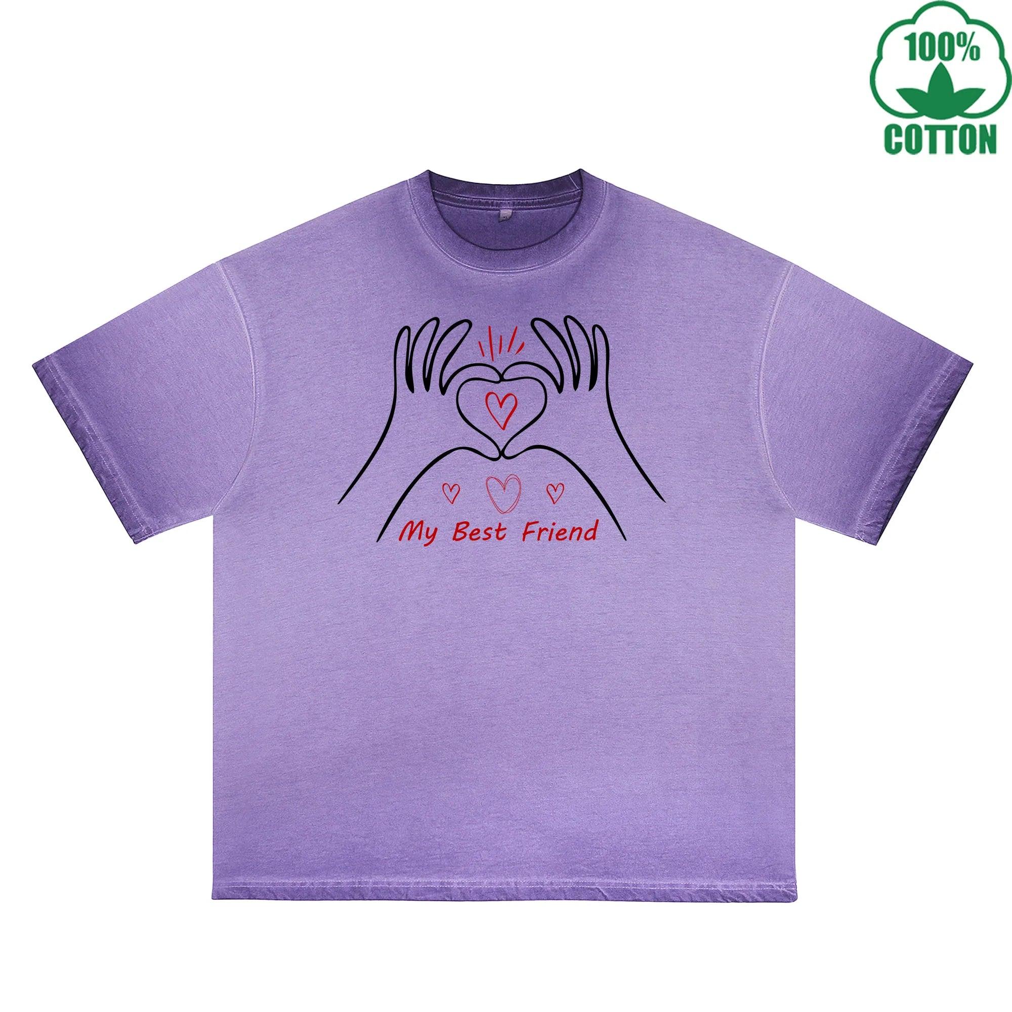 BOGGO  My Best Friend Printed Dirty Wash T-Shirt 230G Multicolor Loose Trendy Fashionable 100%Cotton Short Sleeve Top