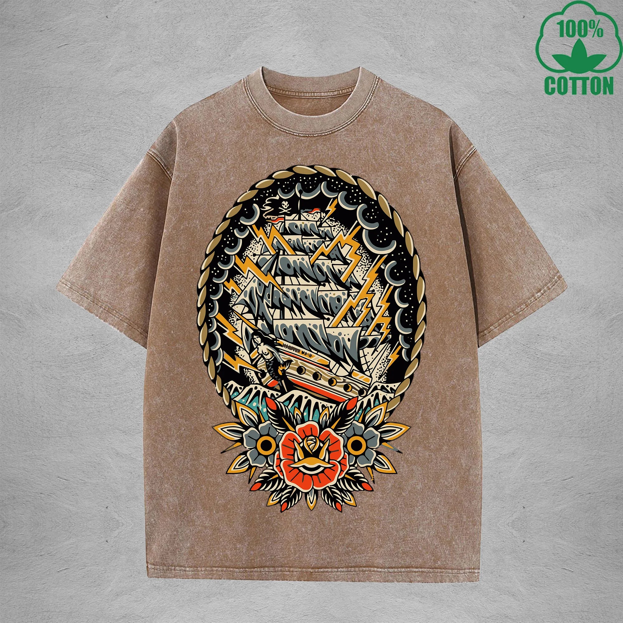 BOGGO  NavigationInterest Printed Washed T-Shirt 230G Multicolor Loose Trendy Fashionable 100%Cotton Short Sleeve Top