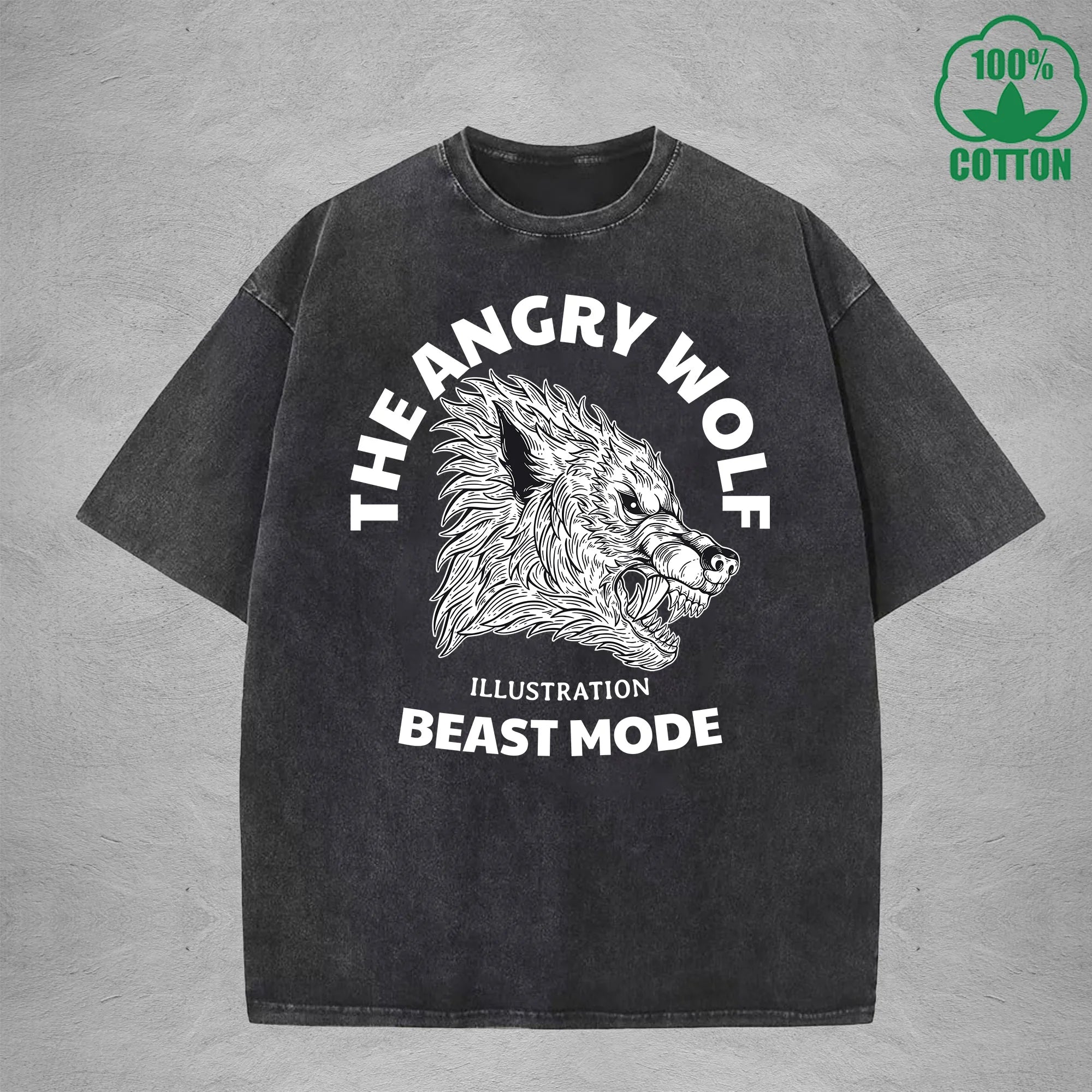 BOGGO  The Angry WolfInterest Printed Washed T-Shirt 230G Multicolor Loose Trendy Fashionable 100%Cotton Short Sleeve Top