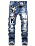 BOGGO Men y2k Stretchy Denim jeans Ripped Skinny Letter Print elastic waist Casual pants for men Hole Slim Fit Denim Hip Hop Trousers