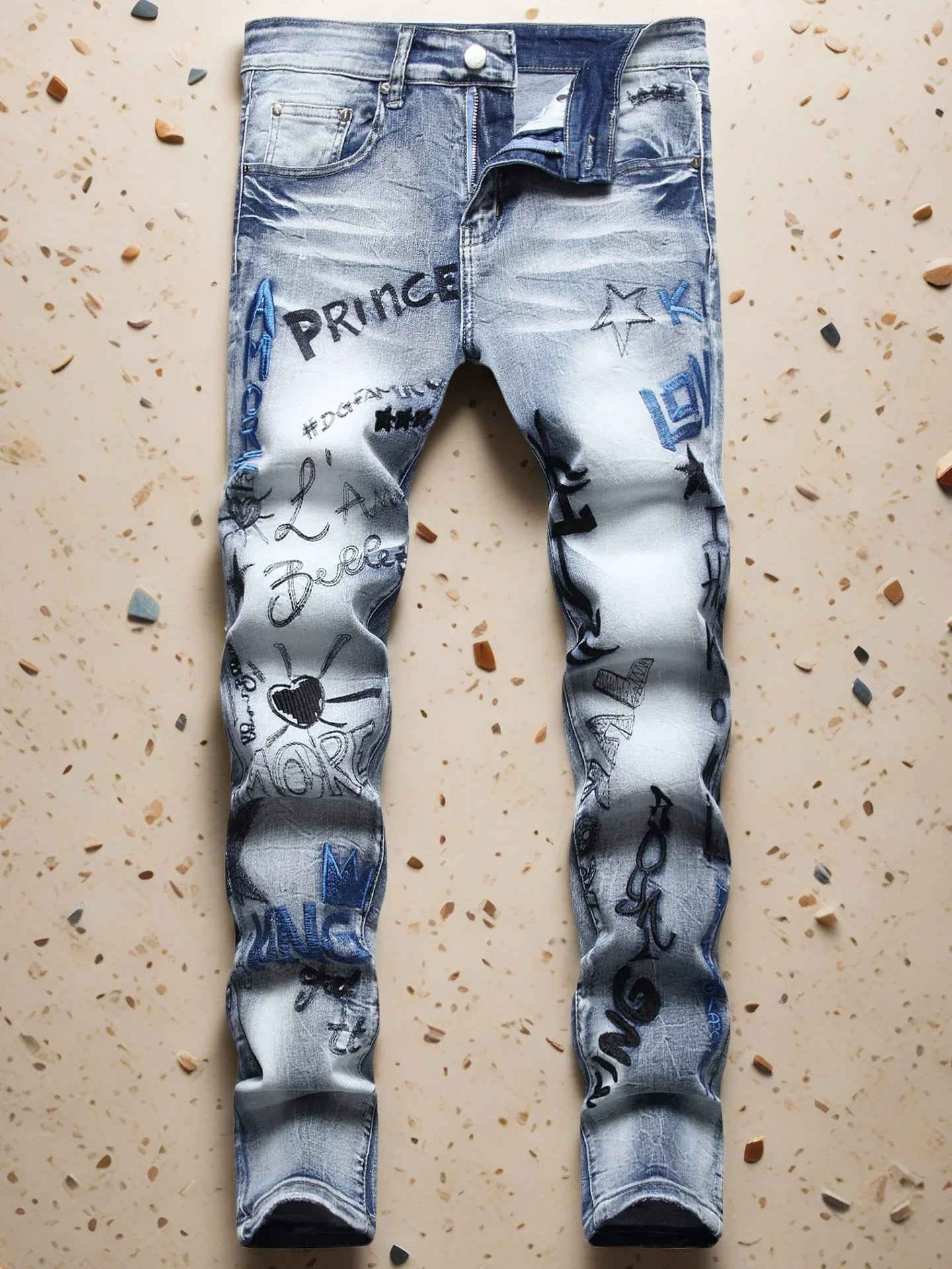 Hipster Guy Hip Hop Street Style Embroidery Stretch Slim Straight Leg Jeans Guy