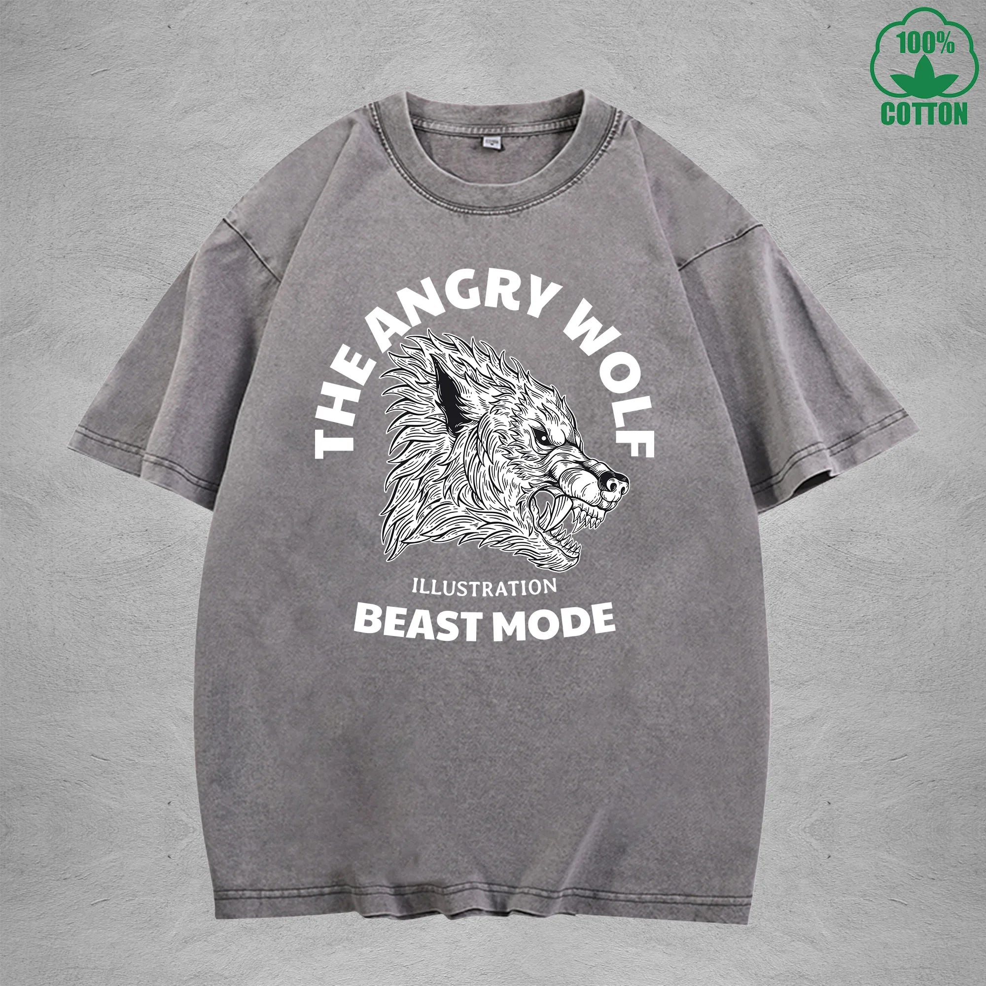 BOGGO  The Angry WolfInterest Printed Washed T-Shirt 230G Multicolor Loose Trendy Fashionable 100%Cotton Short Sleeve Top