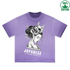 BOGGO  Japanese Printed Dirty WashT-Shirt 230G Multicolor Loose Trendy Fashionable 100%Cotton Short Sleeve Top