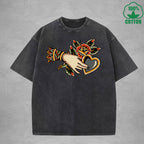 BOGGO  Thorny RoseInterest Printed Washed T-Shirt 230G Multicolor Loose Trendy Fashionable 100%Cotton Short Sleeve Top