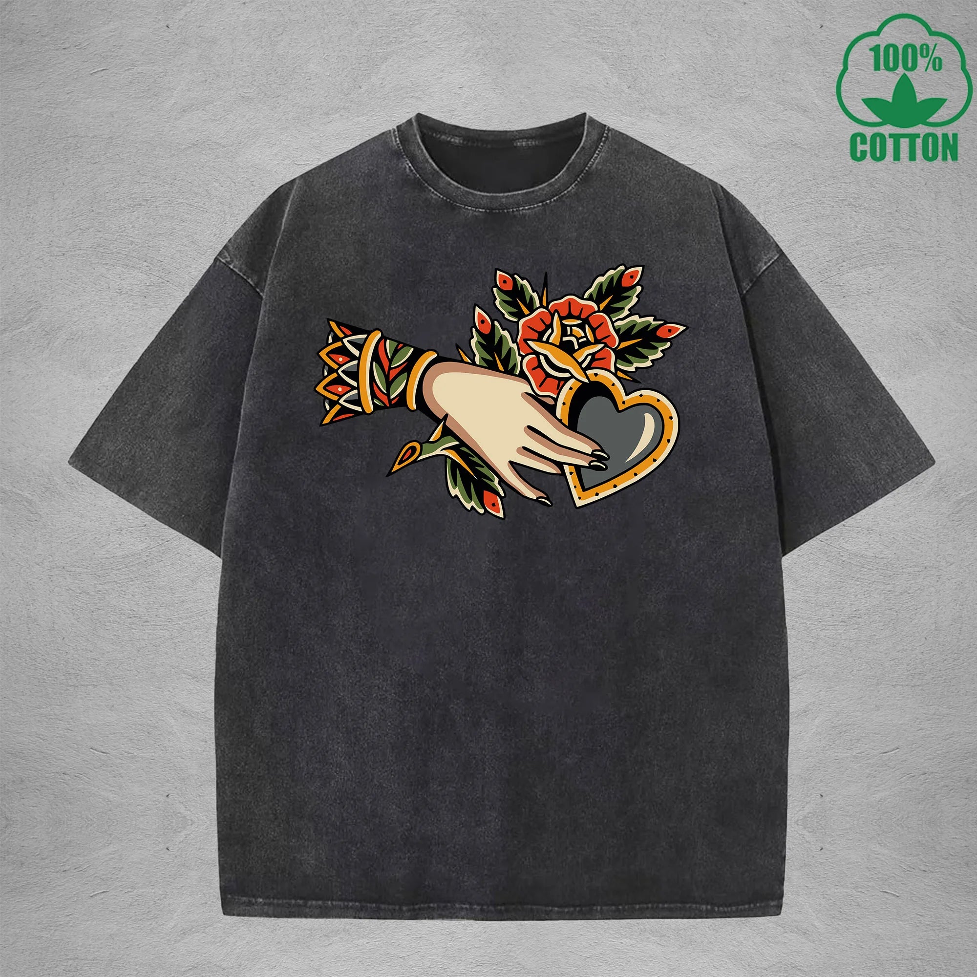 BOGGO  Thorny RoseInterest Printed Washed T-Shirt 230G Multicolor Loose Trendy Fashionable 100%Cotton Short Sleeve Top
