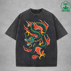 BOGGO  Eastern DragonInterest Printed Washed T-Shirt 230G Multicolor Loose Trendy Fashionable 100%Cotton Short Sleeve Top
