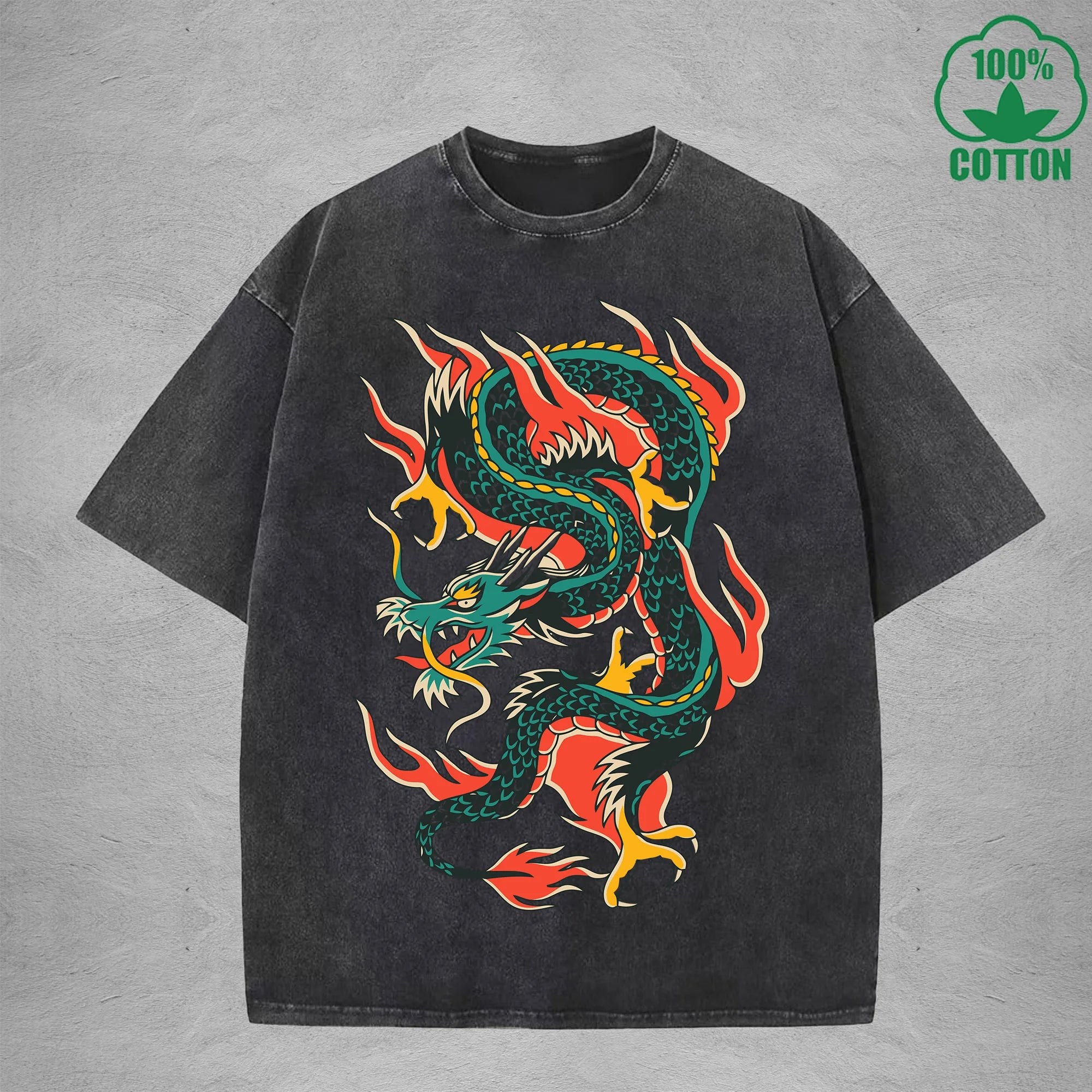 BOGGO  Eastern DragonInterest Printed Washed T-Shirt 230G Multicolor Loose Trendy Fashionable 100%Cotton Short Sleeve Top
