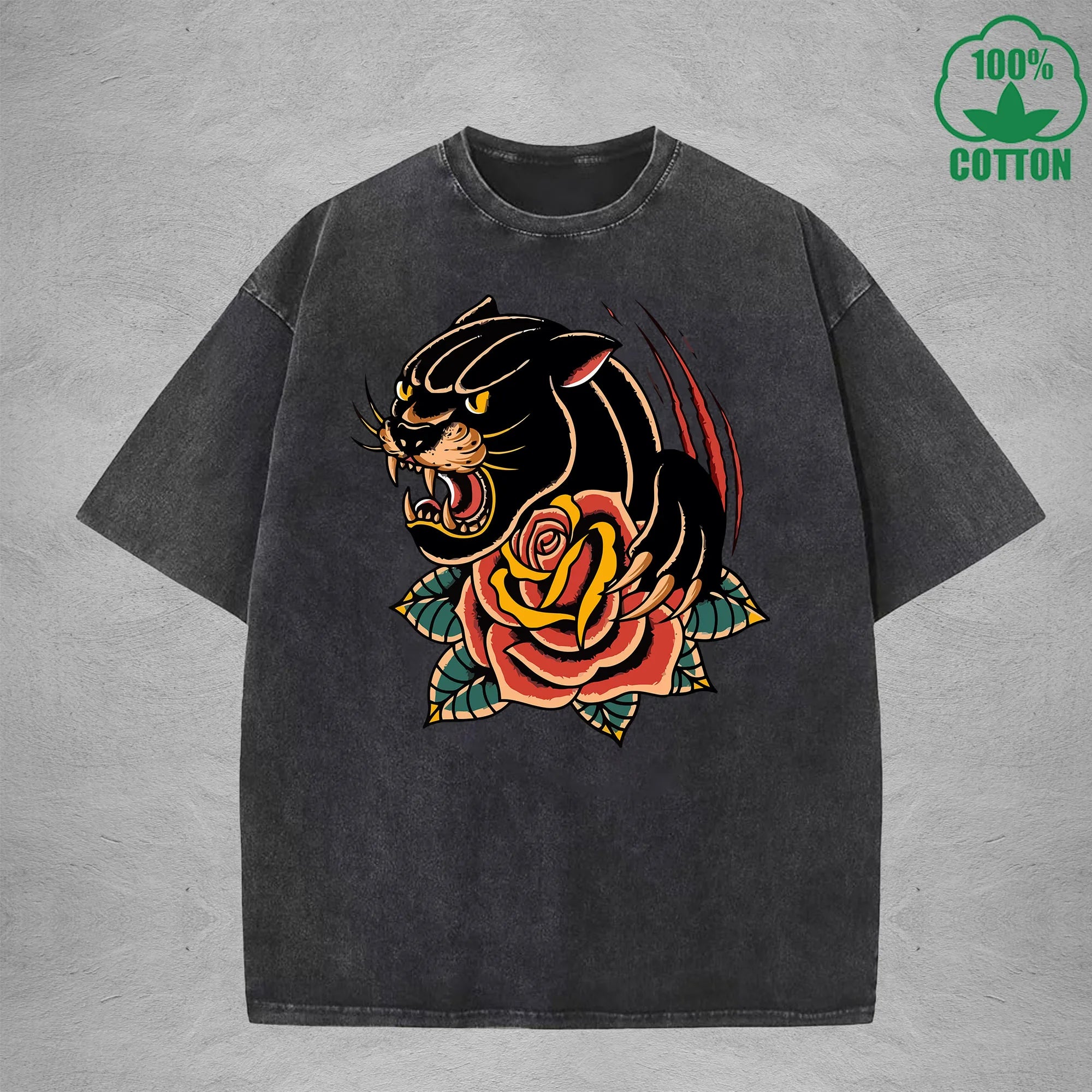 BOGGO  Black PantherInterest Printed Washed T-Shirt 230G Multicolor Loose Trendy Fashionable 100%Cotton Short Sleeve Top