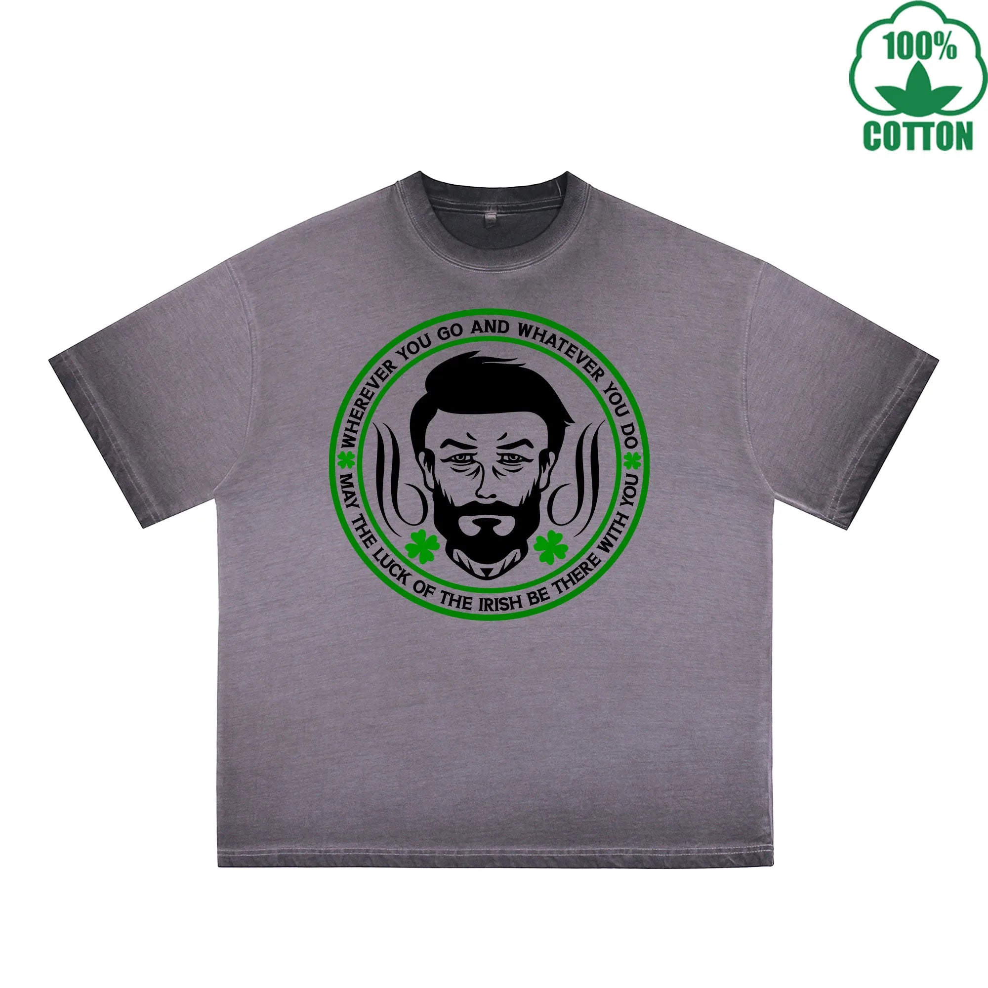 BOGGO  Irish Be There With You Printed Dirty Wash T-Shirt 230G Multicolor Loose Trendy Fashionable 100%Cotton Short Sleeve Top