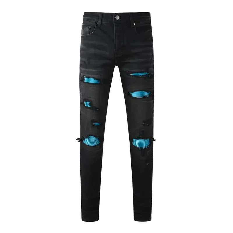BOGGO Streetwear Men Jeans Fashion Trend American High Street Retro wash Low Rise Elastic Skinny Pleated Ripped Denim Pants