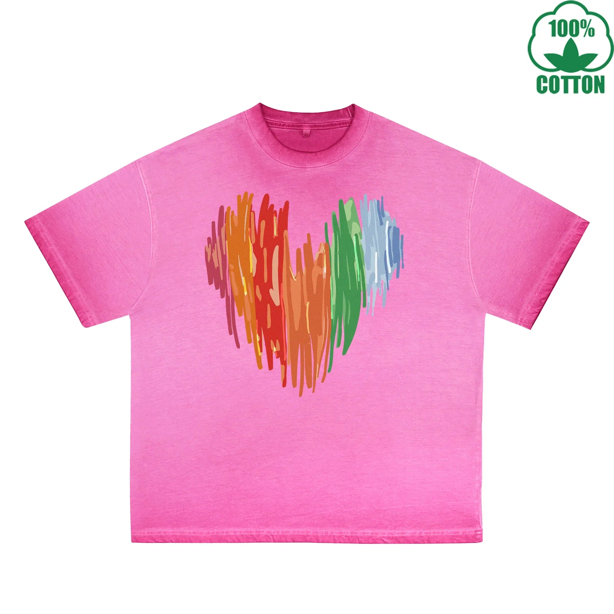 BOGGO  Colorful Heart Printed Dirty WashT-Shirt 230G Multicolor Loose Trendy Short Sleeves Fashionable 100%Cotton Top