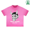 BOGGO  True Devil Printed Dirty WashT-Shirt 230G Multicolor Loose Trendy Fashionable 100%Cotton Short Sleeve Top