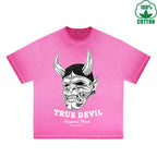 BOGGO  True Devil Printed Dirty WashT-Shirt 230G Multicolor Loose Trendy Fashionable 100%Cotton Short Sleeve Top