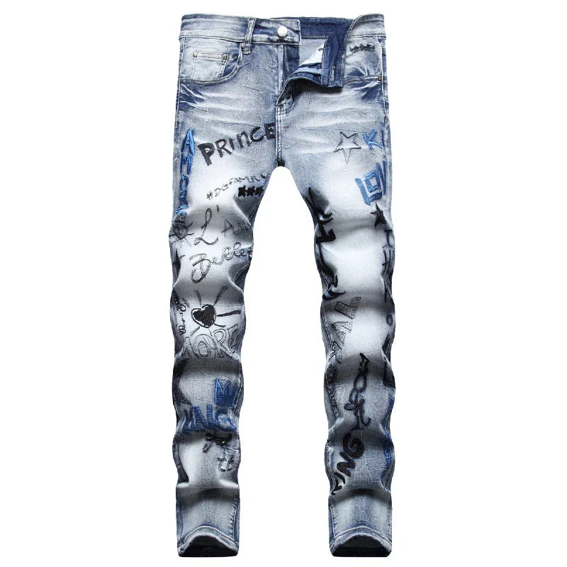 Hipster Guy Hip Hop Street Style Embroidery Stretch Slim Straight Leg Jeans Guy