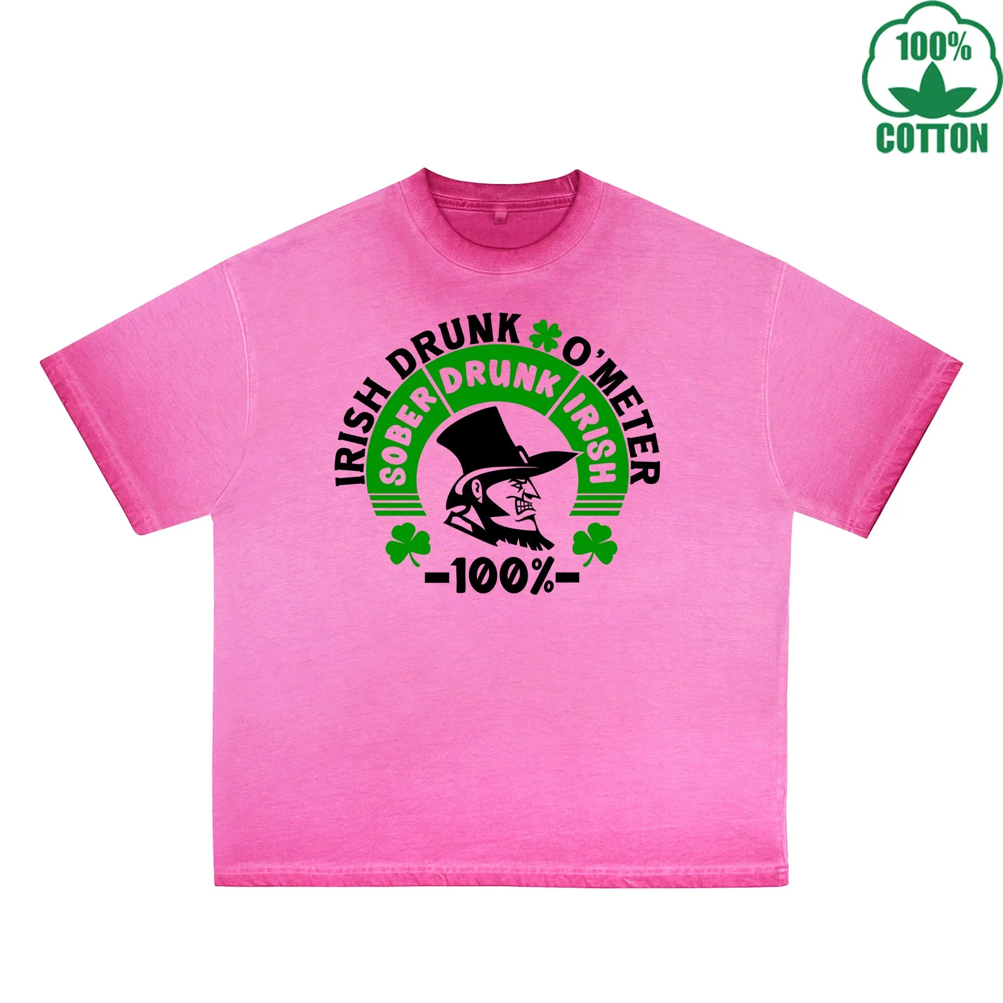 BOGGO  Irish Drunk Meter Printed Dirty Wash T-Shirt 230G Multicolor Loose Trendy Fashionable 100%Cotton Short Sleeve Top