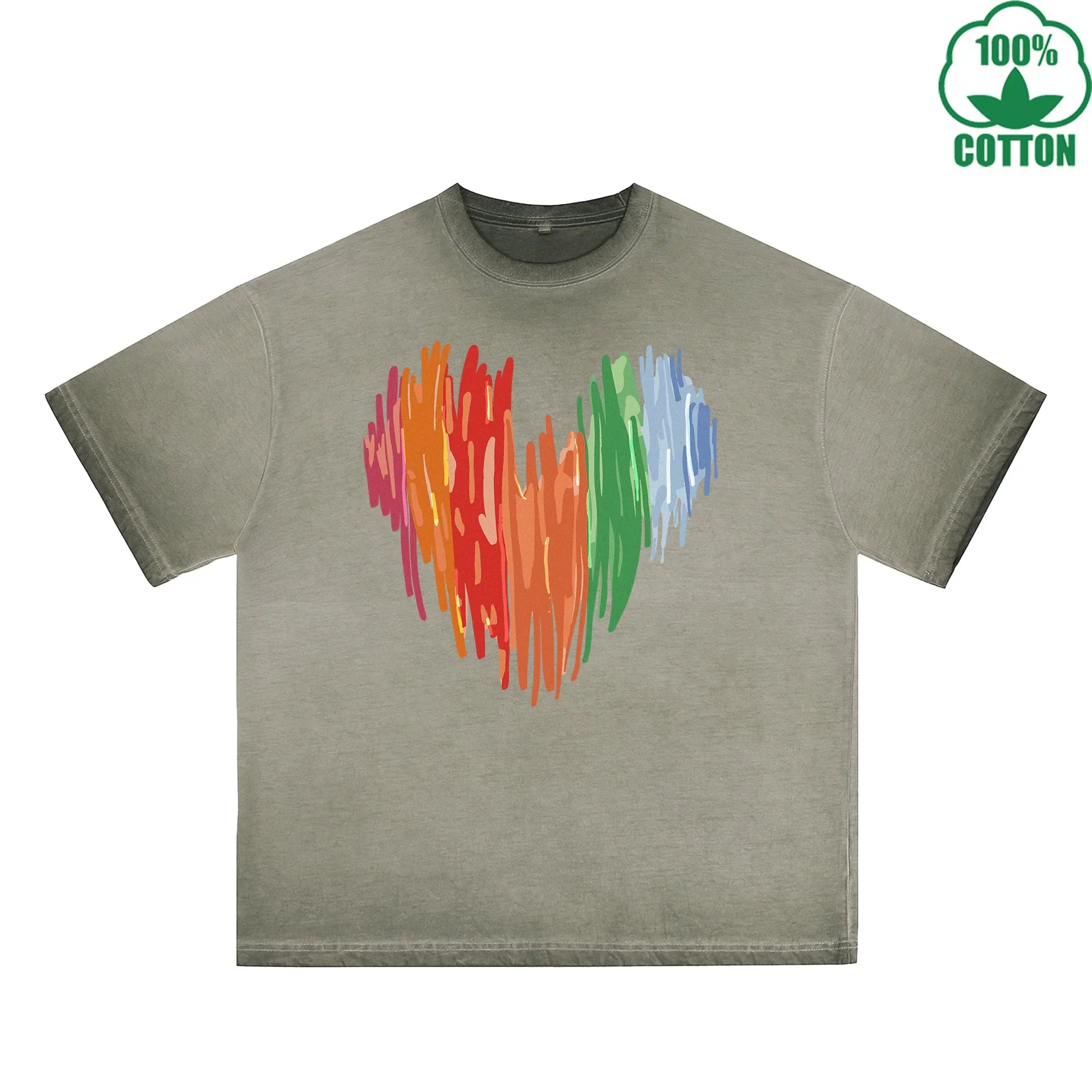 BOGGO  Colorful Heart Printed Dirty WashT-Shirt 230G Multicolor Loose Trendy Short Sleeves Fashionable 100%Cotton Top