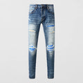 Fashionable new blue men's jeans, washed, nostalgic, elastic, slim fit, perforated patch, jeans, high street designer, high-qual