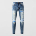 Fashionable new blue men's jeans, washed, nostalgic, elastic, slim fit, perforated patch, jeans, high street designer, high-qual