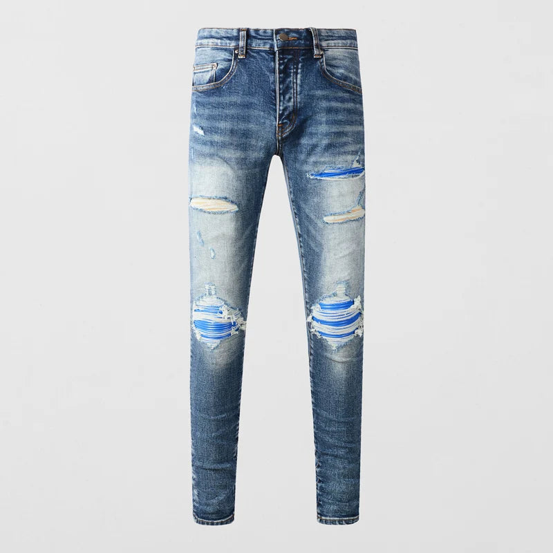 Fashionable new blue men's jeans, washed, nostalgic, elastic, slim fit, perforated patch, jeans, high street designer, high-qual