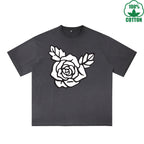 BOGGO  Rose Printed Dirty WashT-Shirt 230G Multicolor Loose Trendy Fashionable 100%Cotton Short Sleeve Top