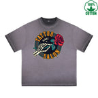 BOGGO  Skull Rose Printed Dirty WashT-Shirt 230G Multicolor Loose Trendy Fashionable 100%Cotton Short Sleeve Top