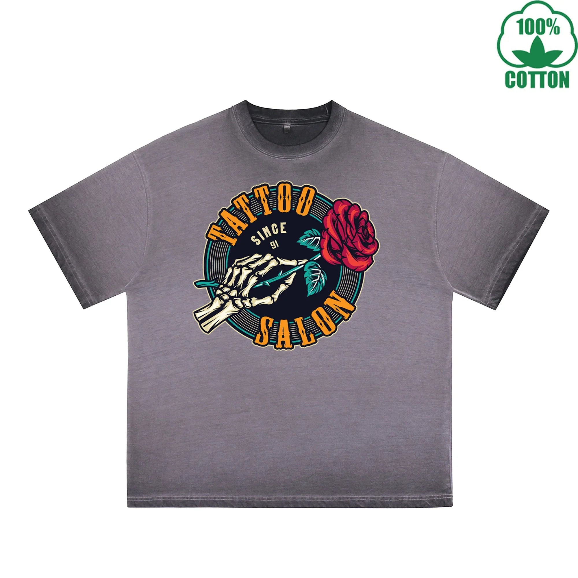 BOGGO  Skull Rose Printed Dirty WashT-Shirt 230G Multicolor Loose Trendy Fashionable 100%Cotton Short Sleeve Top