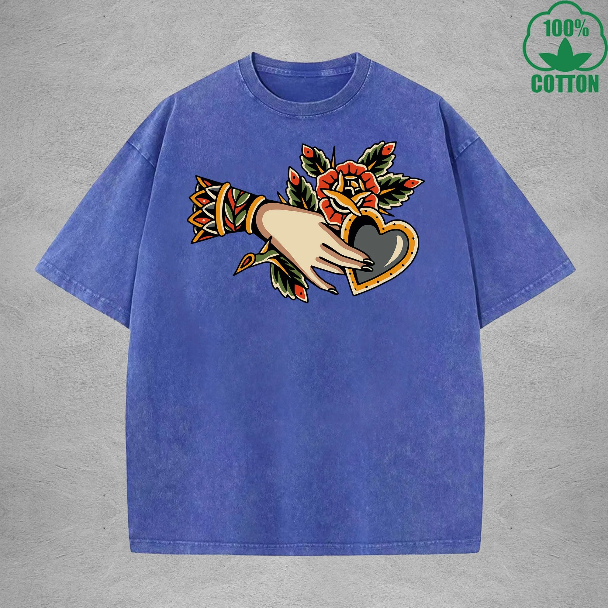 BOGGO  Thorny RoseInterest Printed Washed T-Shirt 230G Multicolor Loose Trendy Fashionable 100%Cotton Short Sleeve Top