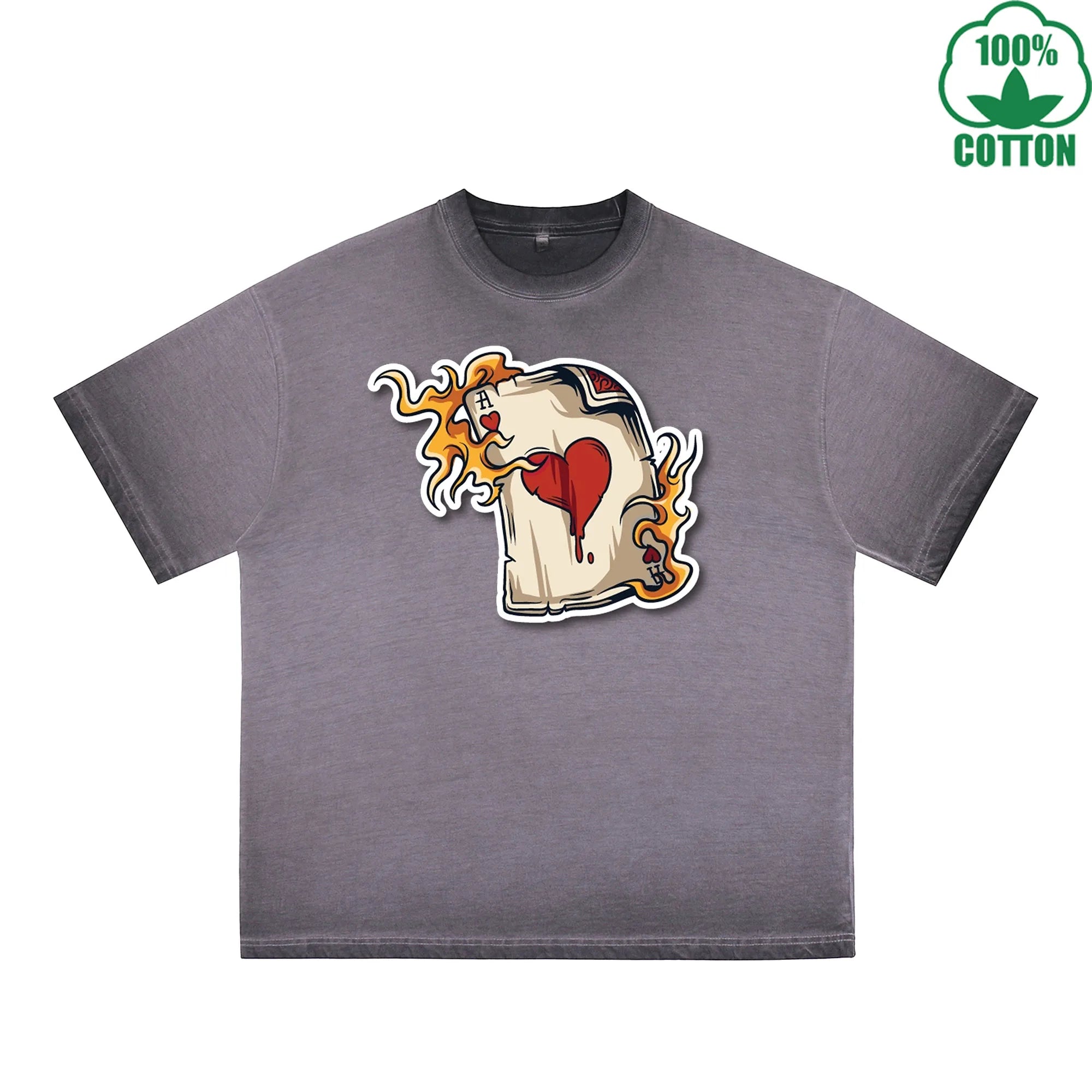 BOGGO  Burning Poker Printed Dirty WashT-Shirt 230G Multicolor Loose Trendy Short Sleeves Fashionable 100%Cotton Top