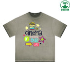BOGGO  Cinema In Our Life Printed Dirty WashT-Shirt 230G Multicolor Loose Trendy Fashionable 100%Cotton Short Sleeve Top