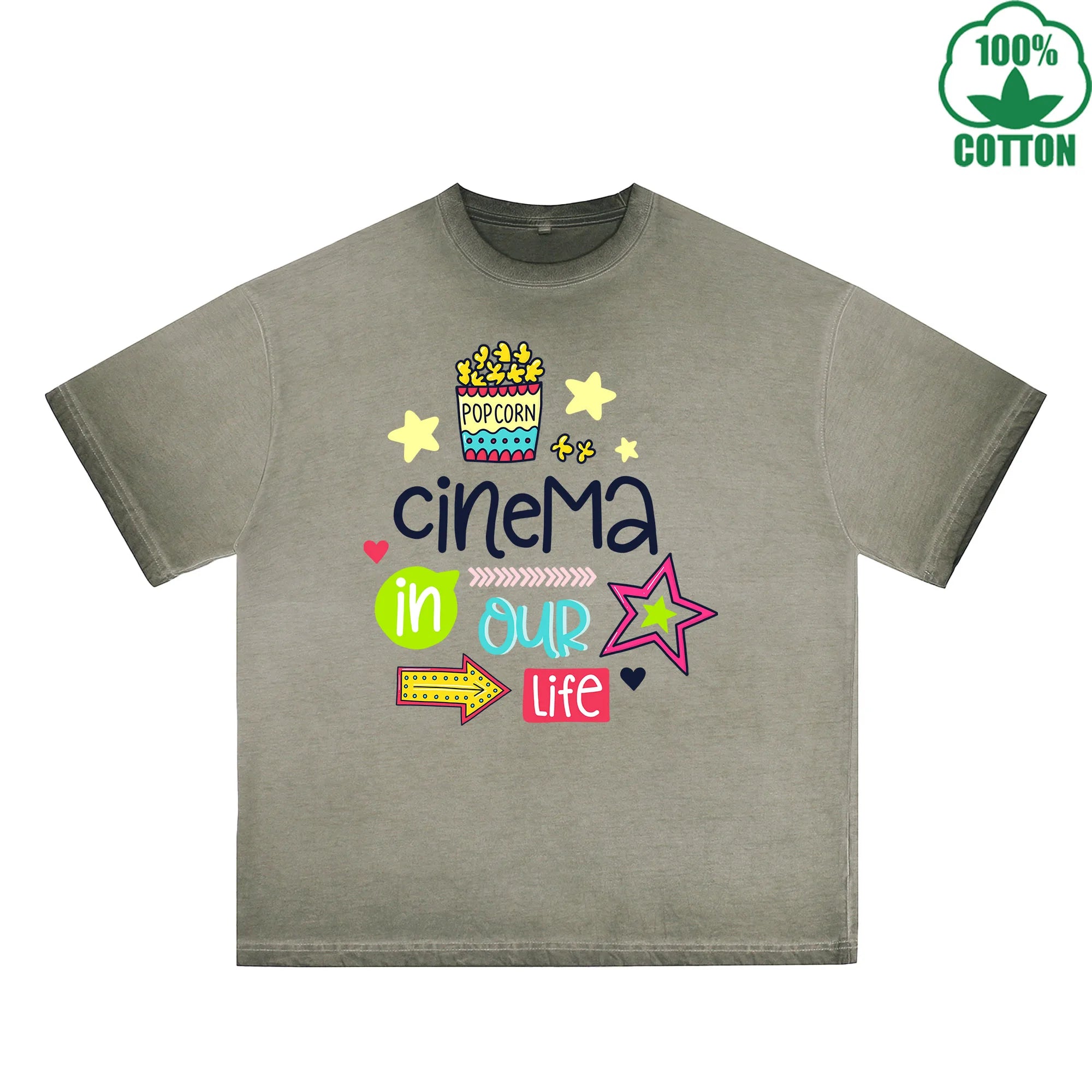 BOGGO  Cinema In Our Life Printed Dirty WashT-Shirt 230G Multicolor Loose Trendy Fashionable 100%Cotton Short Sleeve Top