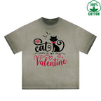 BOGGO  My Cat is My Valentine Printed Dirty Wash T-Shirt 230G Multicolor Loose Trendy Fashionable 100%Cotton Short Sleeve Top