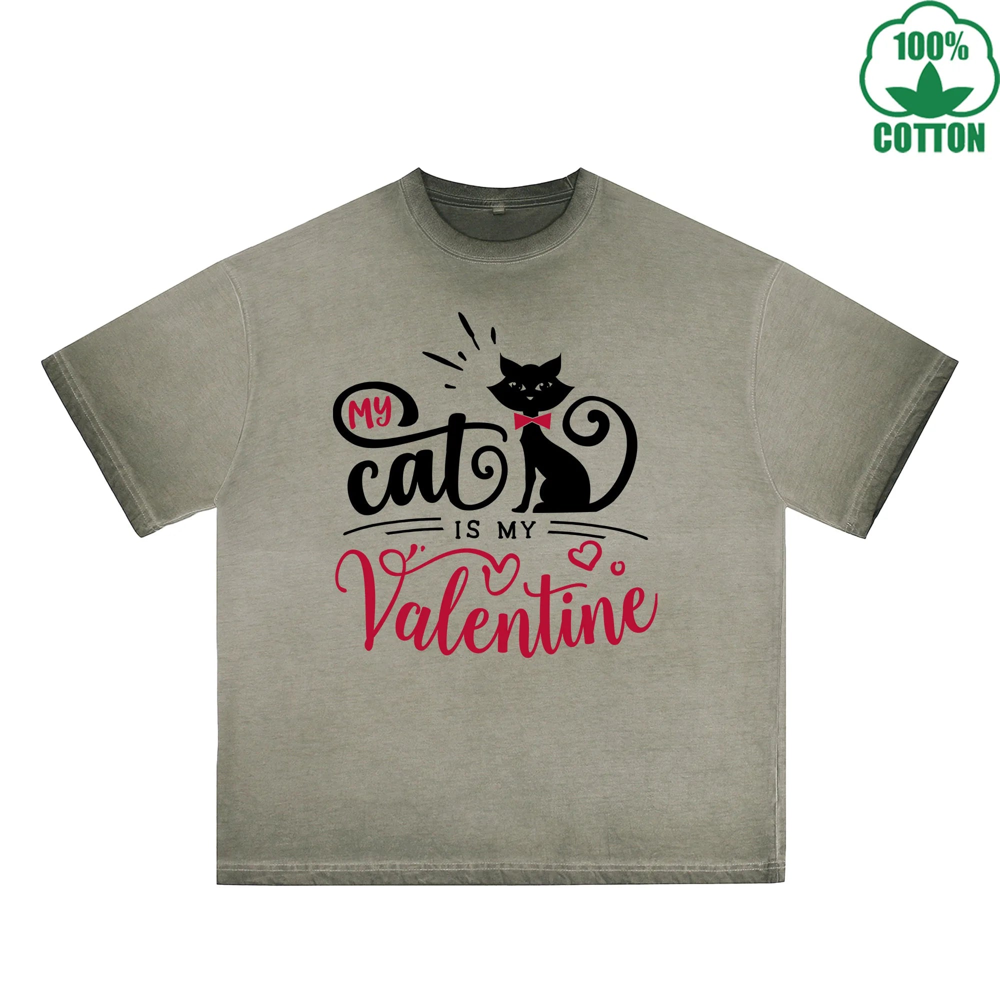 BOGGO  My Cat is My Valentine Printed Dirty Wash T-Shirt 230G Multicolor Loose Trendy Fashionable 100%Cotton Short Sleeve Top